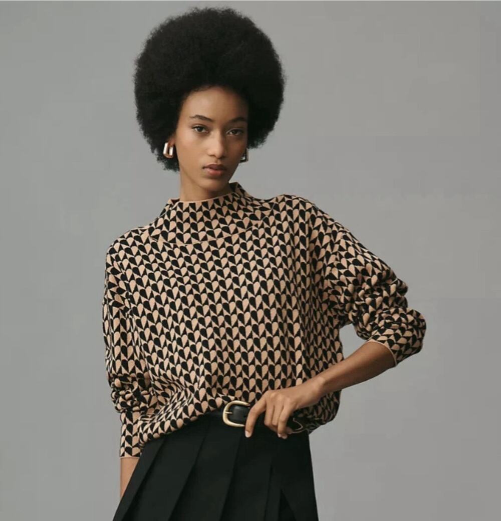 NWoT Anthropologie Tan Black Heart The Carys Mock-Neck Sweater Sz M Maeve, $98